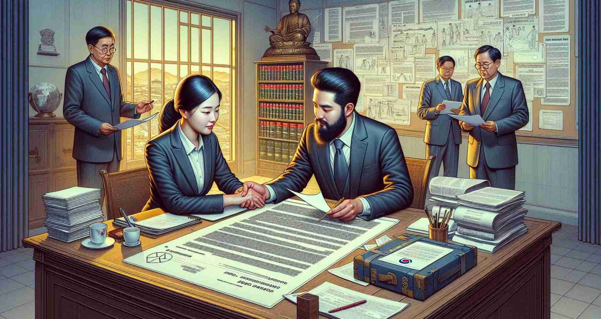 An illustrative image showcasing the steps and considerations involved in registering a partnership in North Korea. A high-definition, realistic image that involves two individuals, a South Asian woman and a Middle-Eastern man, sitting in a meeting room decorated with various legal materials relevant to North Korea. One can observe them reviewing a bundle of documents, a blueprint of partnership agreement, and having a thoughtful discussion over the content. This process is portrayed in a careful, precise manner to mirror the reality of this complex process.