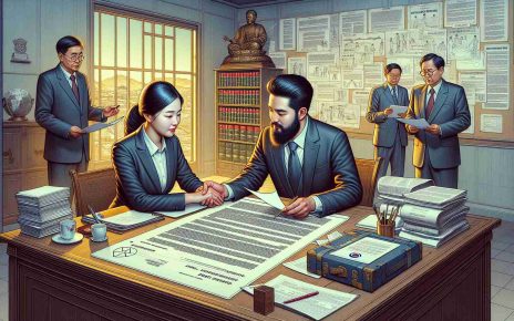 An illustrative image showcasing the steps and considerations involved in registering a partnership in North Korea. A high-definition, realistic image that involves two individuals, a South Asian woman and a Middle-Eastern man, sitting in a meeting room decorated with various legal materials relevant to North Korea. One can observe them reviewing a bundle of documents, a blueprint of partnership agreement, and having a thoughtful discussion over the content. This process is portrayed in a careful, precise manner to mirror the reality of this complex process.