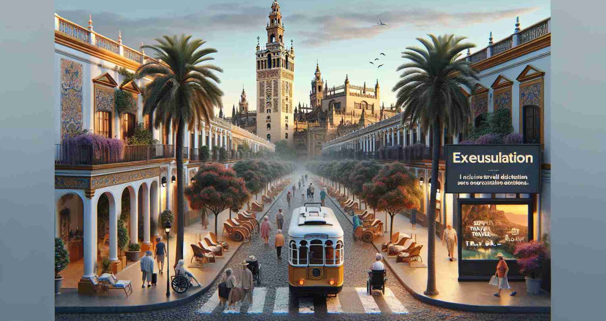 Create a highly detailed, realistic visual portrayal of Seville, emphasizing the city's unique charm with elements such as its iconic architecture like the Giralda Tower, the Alcazar, the narrow alleys of the Barrio Santa Cruz, and the bustling nightlife. Generate imagery that suggests the city is an inclusive travel destination for senior citizens, with elements such as comfortable seating areas, leisurely walks, relaxed ambience, accessible walkways, lush parks, excursion deals, and promotional signage for senior travel deals.