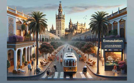 Create a highly detailed, realistic visual portrayal of Seville, emphasizing the city's unique charm with elements such as its iconic architecture like the Giralda Tower, the Alcazar, the narrow alleys of the Barrio Santa Cruz, and the bustling nightlife. Generate imagery that suggests the city is an inclusive travel destination for senior citizens, with elements such as comfortable seating areas, leisurely walks, relaxed ambience, accessible walkways, lush parks, excursion deals, and promotional signage for senior travel deals.