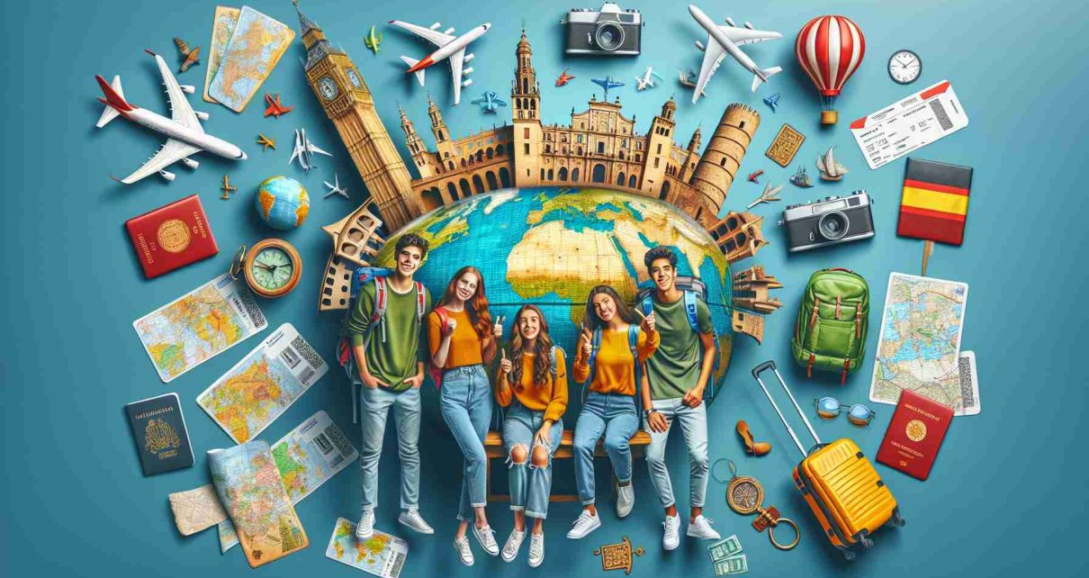 Create a high-definition and realistic image showcasing travel opportunities focused on young individuals from Andalusia, Spain. The image should incorporate elements that indicate travel, such as maps, backpacks, airplane tickets, and famous landmarks around the world. Additionally, include a few young people, of both genders, and various ethnic backgrounds, exhibiting excitement and anticipation.