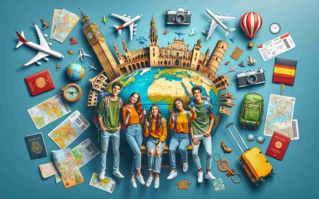 Create a high-definition and realistic image showcasing travel opportunities focused on young individuals from Andalusia, Spain. The image should incorporate elements that indicate travel, such as maps, backpacks, airplane tickets, and famous landmarks around the world. Additionally, include a few young people, of both genders, and various ethnic backgrounds, exhibiting excitement and anticipation.