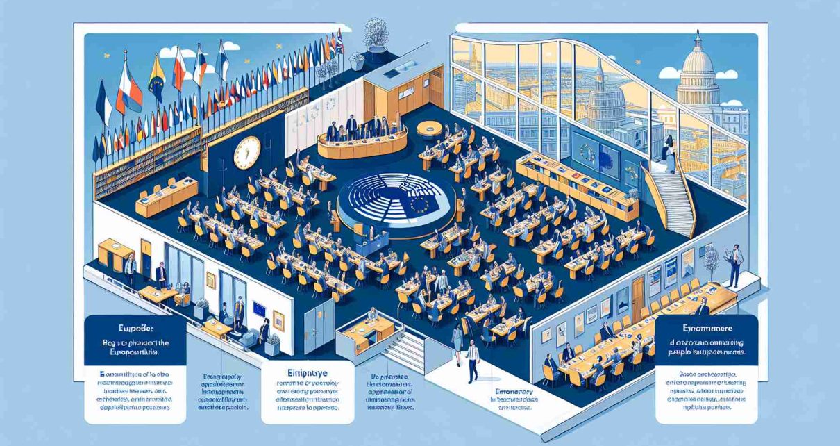 An informative and detailed visual representation of the perks and advantages of being a member of the European Parliament, including the opportunity to shape European policy, plenty of international exposure, and the chance to meet diverse and engaging people from different nations. Indicate an elegantly designed matching table with several distinct areas explaining each benefit, accompanied by neat and simplified graphic visuals. Display spacious and pleasant meetings rooms, international flags representing the diversity of members, an impressive library, and an office view over Brussels, the heart of the European Union.