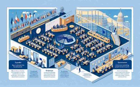 An informative and detailed visual representation of the perks and advantages of being a member of the European Parliament, including the opportunity to shape European policy, plenty of international exposure, and the chance to meet diverse and engaging people from different nations. Indicate an elegantly designed matching table with several distinct areas explaining each benefit, accompanied by neat and simplified graphic visuals. Display spacious and pleasant meetings rooms, international flags representing the diversity of members, an impressive library, and an office view over Brussels, the heart of the European Union.