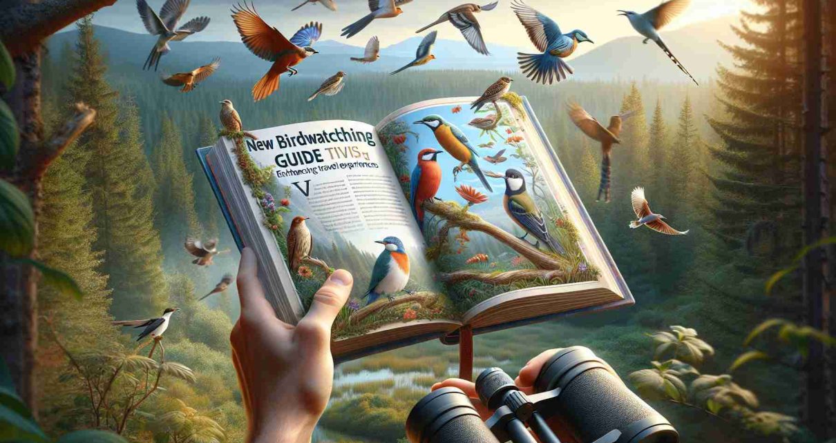 Create a lifelike, high definition image representing the concept of a new birdwatching guide enhancing travel experiences. Display a hand holding an ornate, newly published birdwatching guide, whose pages are open to vivid illustrations of various bird species. The background should have a scenic view of a forest with myriad species of birds fluttering around. You may also illustrate a pair of binoculars around the person's neck indicating the act of birdwatching. The tone of the image should depict tranquility and the joy of discovering new bird species during a travel trip.