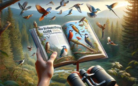 Create a lifelike, high definition image representing the concept of a new birdwatching guide enhancing travel experiences. Display a hand holding an ornate, newly published birdwatching guide, whose pages are open to vivid illustrations of various bird species. The background should have a scenic view of a forest with myriad species of birds fluttering around. You may also illustrate a pair of binoculars around the person's neck indicating the act of birdwatching. The tone of the image should depict tranquility and the joy of discovering new bird species during a travel trip.