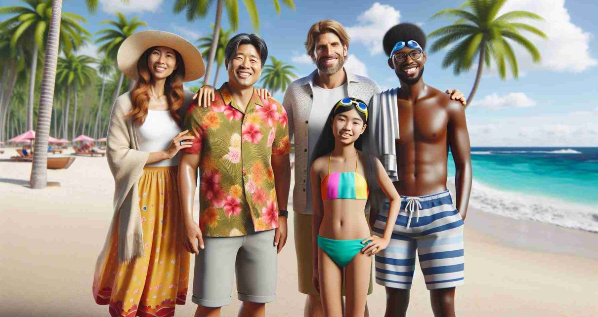 Realistic, high-definition image of a diverse family vacation in the tropics. This includes an Asian father, wearing a tropical shirt, shorts and flip flops, a Middle Eastern mother wearing a sun dress and a sun hat, a Black teenage daughter in a bright bikini and a Hispanic son wearing swimming trunks and goggles. They should be photographed together on a sandy beach, surrounded by palm trees, under the bright blue sky. The ocean waves can be seen in the background. They all look joyful, sharing a pleasant family moment together in the tropics.