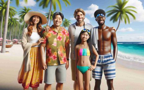 Realistic, high-definition image of a diverse family vacation in the tropics. This includes an Asian father, wearing a tropical shirt, shorts and flip flops, a Middle Eastern mother wearing a sun dress and a sun hat, a Black teenage daughter in a bright bikini and a Hispanic son wearing swimming trunks and goggles. They should be photographed together on a sandy beach, surrounded by palm trees, under the bright blue sky. The ocean waves can be seen in the background. They all look joyful, sharing a pleasant family moment together in the tropics.