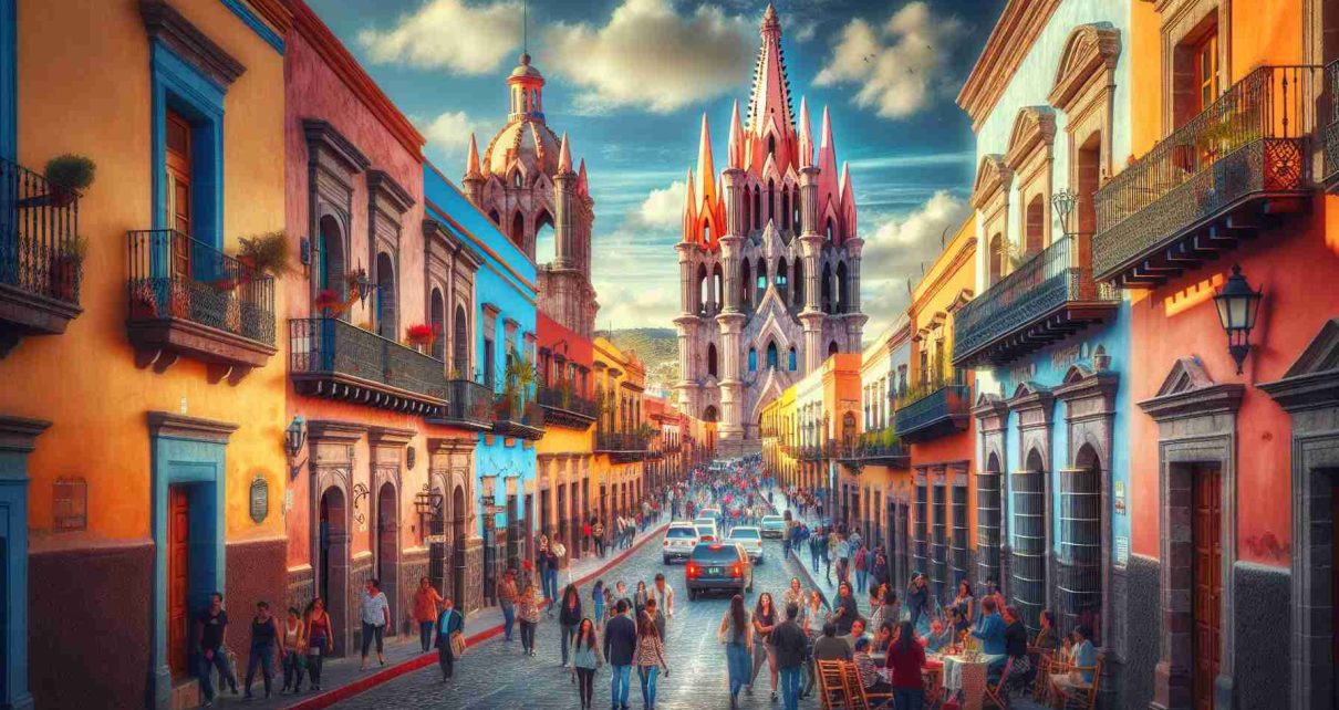 A high-definition, realistic photograph that captures the enchanting charms of the city of San Miguel de Allende. The image showcases the city's beautiful colonial architecture, vibrant color palette, and lively streets bustling with local citizens and travelers from various backgrounds. Imagine cobblestone streets, sunlit terracotta buildings adorned with iron balconies, people enjoying the city's renowned culture and cuisine, and the iconic Parroquia de San Miguel Arcángel rising majestically against a bright blue sky. The street life shows a blend of diversity with people of different genders and descents – Caucasian, Hispanic, Black, Middle-Eastern, and South Asian, equally represented.