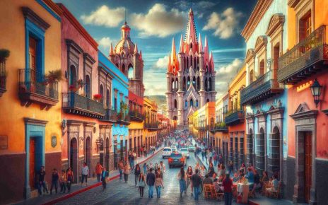 A high-definition, realistic photograph that captures the enchanting charms of the city of San Miguel de Allende. The image showcases the city's beautiful colonial architecture, vibrant color palette, and lively streets bustling with local citizens and travelers from various backgrounds. Imagine cobblestone streets, sunlit terracotta buildings adorned with iron balconies, people enjoying the city's renowned culture and cuisine, and the iconic Parroquia de San Miguel Arcángel rising majestically against a bright blue sky. The street life shows a blend of diversity with people of different genders and descents – Caucasian, Hispanic, Black, Middle-Eastern, and South Asian, equally represented.