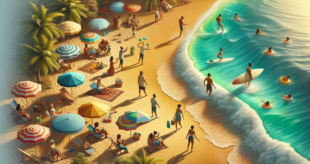 A high-definition image capturing the excitement of day trips to a sun-kissed beach destination. The scene includes turquoise waters softly kissing a golden beach. There are a series of colourful beach umbrellas and a few people of diverse descents, a Middle Eastern man holding a frisbee, a Hispanic woman reading a book under an umbrella, a White male surfing the waves, and a South Asian woman building a sand castle with her Black daughter. The scene radiates with the warmth of the sun and the joy of a perfect beach day.