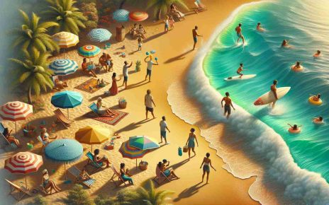 A high-definition image capturing the excitement of day trips to a sun-kissed beach destination. The scene includes turquoise waters softly kissing a golden beach. There are a series of colourful beach umbrellas and a few people of diverse descents, a Middle Eastern man holding a frisbee, a Hispanic woman reading a book under an umbrella, a White male surfing the waves, and a South Asian woman building a sand castle with her Black daughter. The scene radiates with the warmth of the sun and the joy of a perfect beach day.