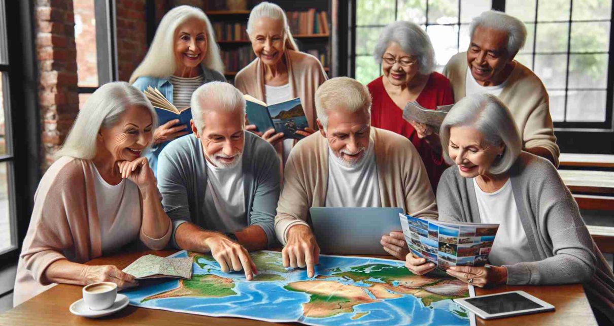 Realistic high-definition image of a group of seniors, of diverse descents such as Caucasian, Hispanic, South Asian, and Black, both men and women, exploring exciting travel opportunities. Display them examining large maps of different global destinations, leafing through travel brochures with vivid photos of exotic places, and browsing travel websites on laptop screens at a cozy common place suggestive of a community center or library. Signify their anticipation and joy by subtle expressions of excitement and camaraderie.