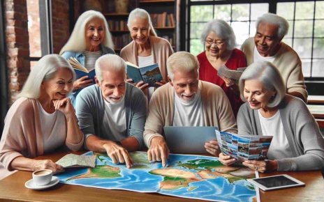 Realistic high-definition image of a group of seniors, of diverse descents such as Caucasian, Hispanic, South Asian, and Black, both men and women, exploring exciting travel opportunities. Display them examining large maps of different global destinations, leafing through travel brochures with vivid photos of exotic places, and browsing travel websites on laptop screens at a cozy common place suggestive of a community center or library. Signify their anticipation and joy by subtle expressions of excitement and camaraderie.