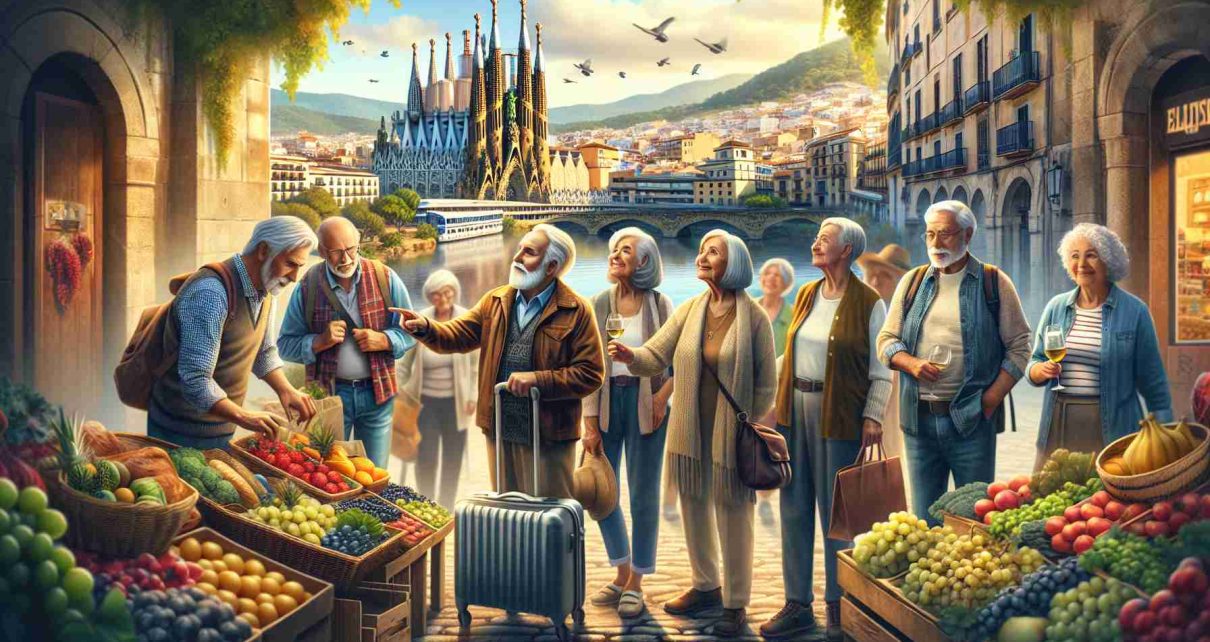 Realistic, high-definition image showcasing senior adults engaging in affordable travel opportunities throughout Spain. The scene should capture the diversity of Spain's landscapes - the vibrant city life of Barcelona, the tranquil calmness of the countryside, the golden sandy beaches, and the historical richness of architectural marvels. It should include a diverse group of seniors of different descents such as Caucasian, Hispanic, and South Asian, all exploring the wonders of Spain. One could be bartering at an open-air market, while others might be walking through vineyards or admiring an ancient cathedral.