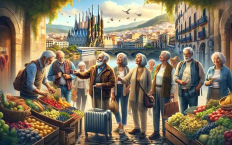 Realistic, high-definition image showcasing senior adults engaging in affordable travel opportunities throughout Spain. The scene should capture the diversity of Spain's landscapes - the vibrant city life of Barcelona, the tranquil calmness of the countryside, the golden sandy beaches, and the historical richness of architectural marvels. It should include a diverse group of seniors of different descents such as Caucasian, Hispanic, and South Asian, all exploring the wonders of Spain. One could be bartering at an open-air market, while others might be walking through vineyards or admiring an ancient cathedral.