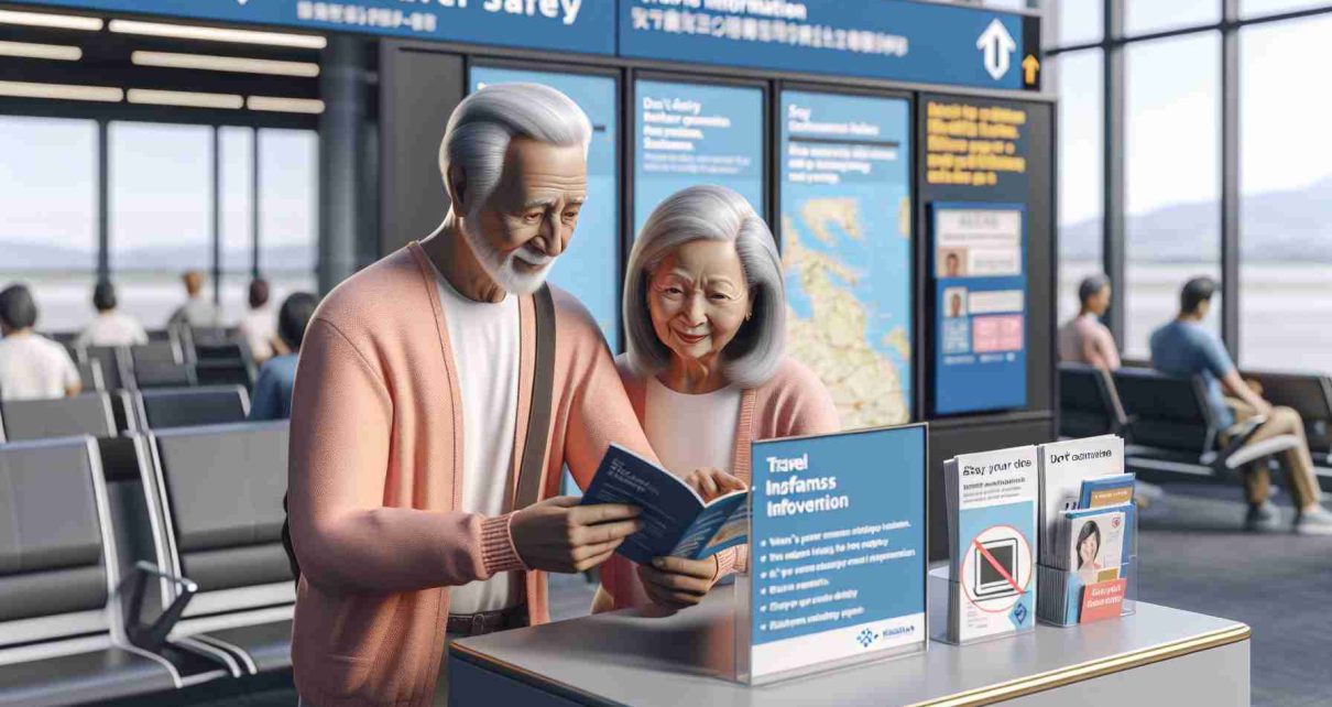 A high-definition, realistic image of a senior couple, where the man is Hispanic and the woman is South Asian, interacting with a travel information desk at an airport. The desk should display brochures, maps, and signs about travel safety and scams prevention, with visible tips such as 'Verify Before Trusting', 'Don't Share Personal Information', and 'Stay Connected With Loved Ones'. The senior couple should be seen reading one of the brochures, expressing attentiveness and caution, thereby embodying the concept of staying safe and avoiding scams during travel.