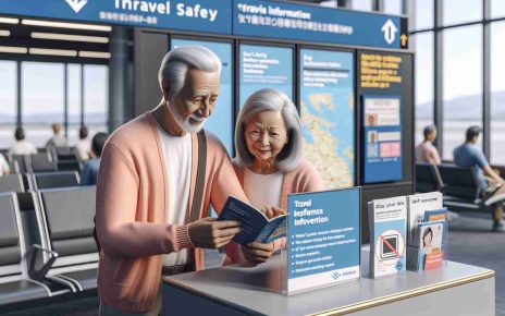 A high-definition, realistic image of a senior couple, where the man is Hispanic and the woman is South Asian, interacting with a travel information desk at an airport. The desk should display brochures, maps, and signs about travel safety and scams prevention, with visible tips such as 'Verify Before Trusting', 'Don't Share Personal Information', and 'Stay Connected With Loved Ones'. The senior couple should be seen reading one of the brochures, expressing attentiveness and caution, thereby embodying the concept of staying safe and avoiding scams during travel.