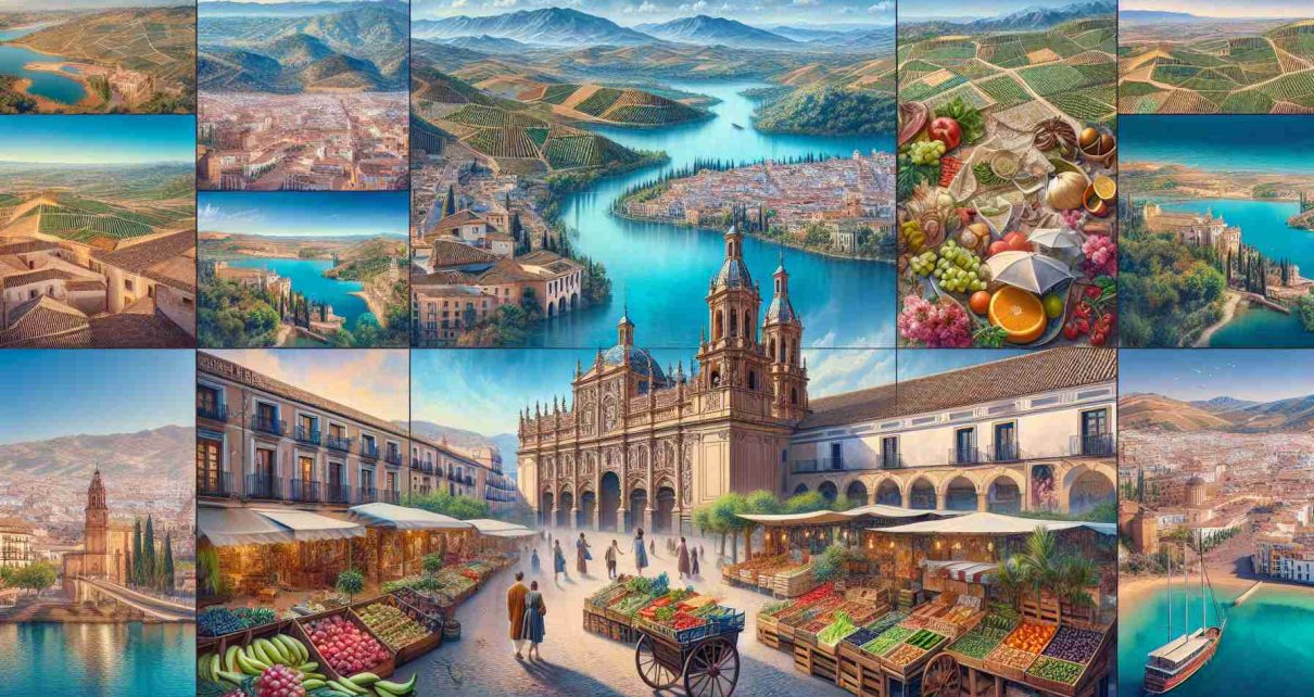 A high-definition, realistic snapshot capturing the diverse beauty of Spain in a unique manner. This includes an intricate view of a bustling town with historical architecture, a vibrant market filled with fresh produce and local wares, all under the azure Spanish sky. In the background, rolling hills draped with vineyards meet the turquoise waters of the Mediterranean. Each corner of the photo brings out a new facet of Spanish culture and tradition.