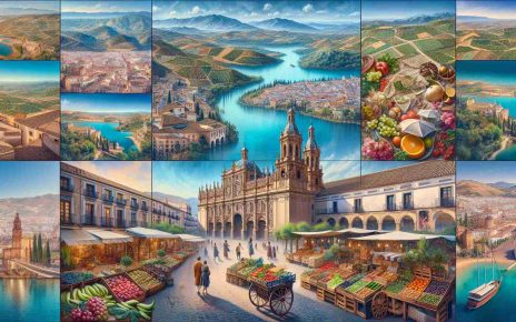 A high-definition, realistic snapshot capturing the diverse beauty of Spain in a unique manner. This includes an intricate view of a bustling town with historical architecture, a vibrant market filled with fresh produce and local wares, all under the azure Spanish sky. In the background, rolling hills draped with vineyards meet the turquoise waters of the Mediterranean. Each corner of the photo brings out a new facet of Spanish culture and tradition.