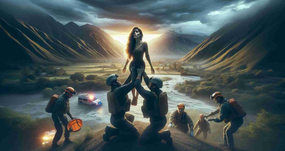 Create a high-definition, realistic image that depicts a dramatic scene of a rescue operation underway in a region with landscapes similar to La Plata. The central figure should be a woman, Hispanic in descent, who was previously missing. She is now being helped by rescue personnel.