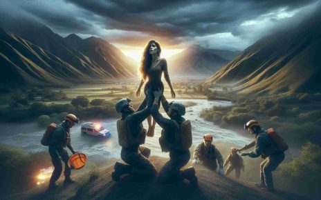 Create a high-definition, realistic image that depicts a dramatic scene of a rescue operation underway in a region with landscapes similar to La Plata. The central figure should be a woman, Hispanic in descent, who was previously missing. She is now being helped by rescue personnel.