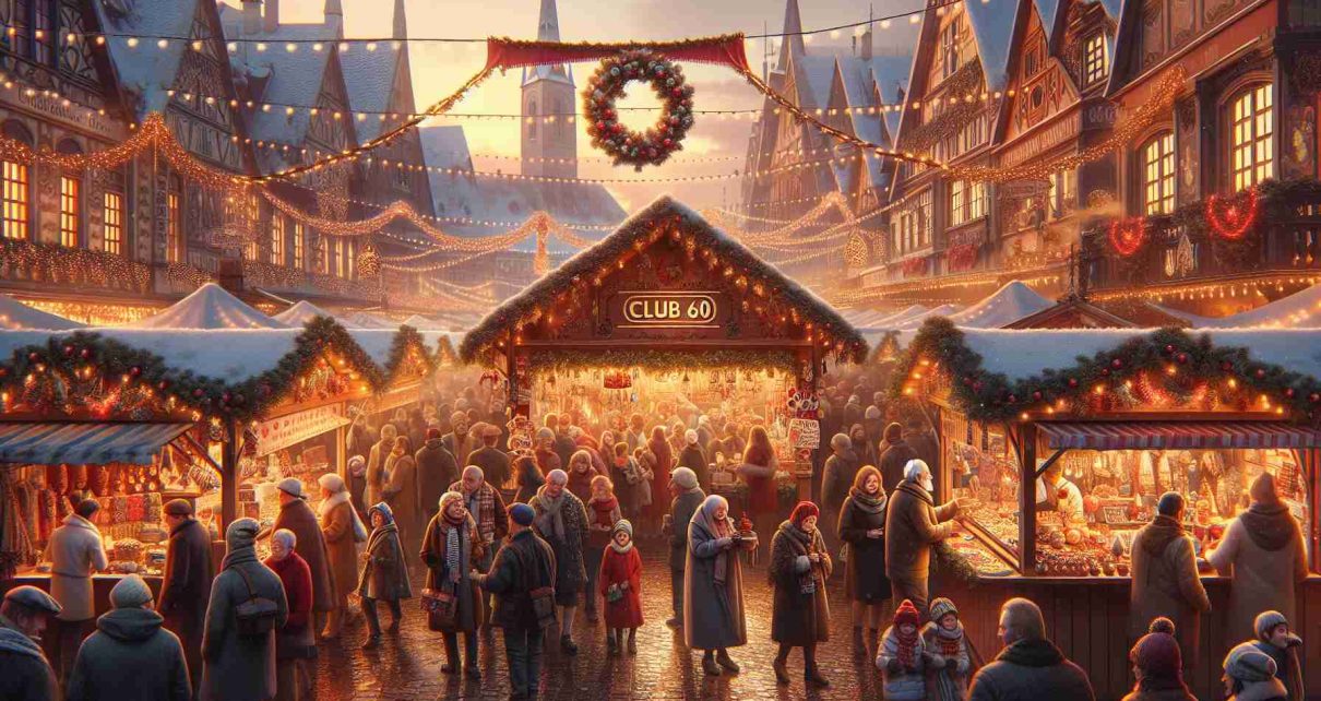 Create a hyperrealistic image of a festive holiday market in Europe brimming with activity. Include many bustling stalls offering traditional decorations, handmade trinkets, and festive delicacies. A banner hanging above that reads 'Club 60'. Visitors of various ages wander through, sipping mulled wine and enjoying the joyful atmosphere, illuminated by the soft glow of fairy lights and the warm hues of sunset.