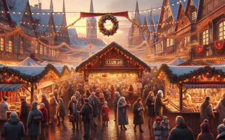 Create a hyperrealistic image of a festive holiday market in Europe brimming with activity. Include many bustling stalls offering traditional decorations, handmade trinkets, and festive delicacies. A banner hanging above that reads 'Club 60'. Visitors of various ages wander through, sipping mulled wine and enjoying the joyful atmosphere, illuminated by the soft glow of fairy lights and the warm hues of sunset.