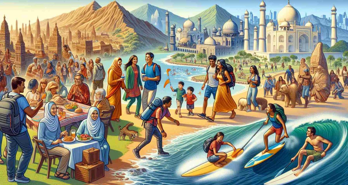 An illustrative portrayal of diverse vacation preferences revealed in a recent survey. The scene may depict an assortment of activities people from mix races and genders enjoy during their holidays. One section of the image could show a Middle-Eastern female backpacker hiking a thrilling mountain trail, while another could portray a Hispanic male surfing on ocean waves. A South Asian family savouring a beach picnic and a Caucasian couple exploring an ancient city's ruins could also be part of this panoramic view. All of them in a beautiful, high definition style.