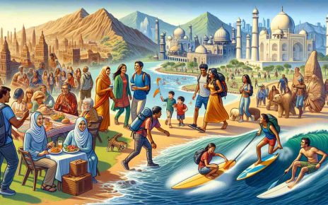 An illustrative portrayal of diverse vacation preferences revealed in a recent survey. The scene may depict an assortment of activities people from mix races and genders enjoy during their holidays. One section of the image could show a Middle-Eastern female backpacker hiking a thrilling mountain trail, while another could portray a Hispanic male surfing on ocean waves. A South Asian family savouring a beach picnic and a Caucasian couple exploring an ancient city's ruins could also be part of this panoramic view. All of them in a beautiful, high definition style.