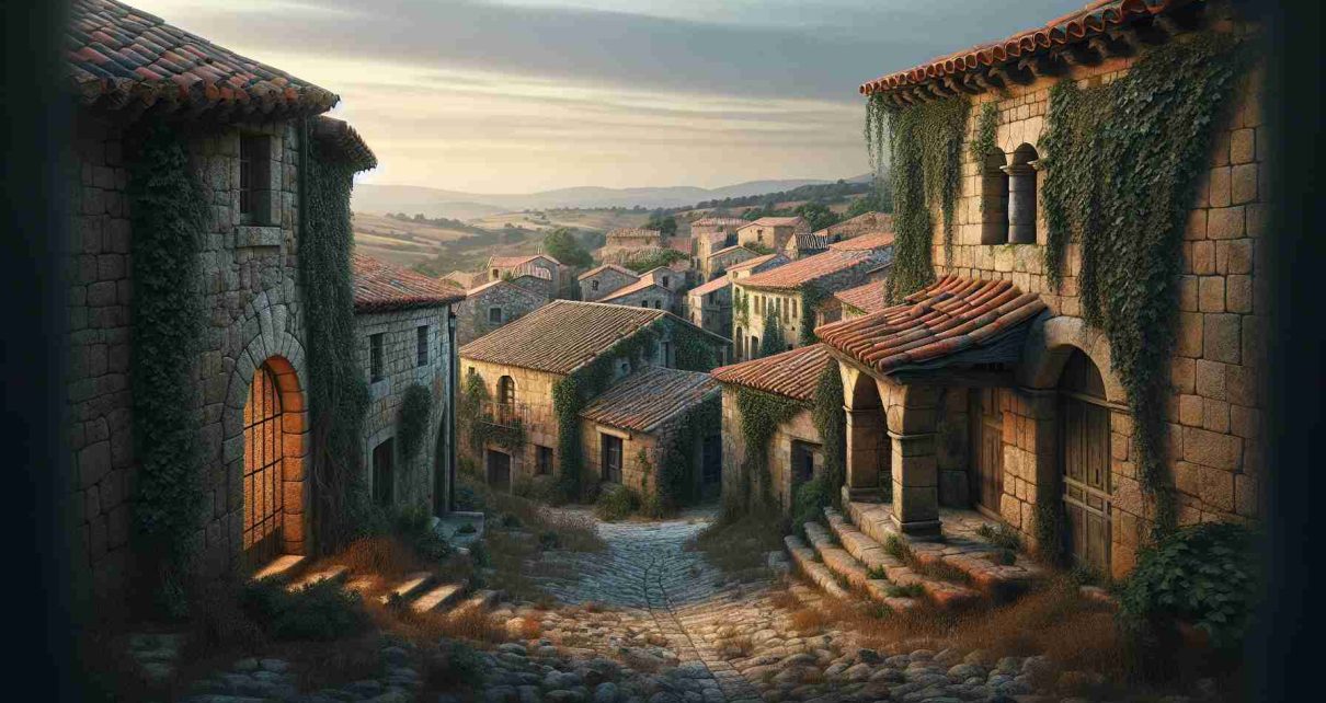 A realistic high-definition image showcasing the unique features of Ochate, a small Spanish village. Capture the stone-built houses with terracotta roofs and cobblestone streets, infused with an air of mystery and forgotten history. Include twists of ivy climbing up the walls, and the distant rolling hills under a mellow evening sky, adding to the charm of the landscape.