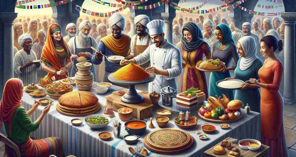 Create a high-definition image depicting a scene that celebrates cultural diversity via culinary arts. There's a large table in the center filled with an array of dishes, each representing a different global cuisine. A South Asian woman in a traditional dress is garnishing a spicy biriyani, while a Hispanic man, wearing a head chef's hat, is presenting a plate of fresh tacos. A Black woman wearing baker's apron is carefully placing an African-inspired cake among the array of dishes. In the background, a Middle-Eastern man holding a pot of hummus is approaching the table. The whole scene is filled with joy and festivity as if they are celebrating their culinary skills and diversity collectively.