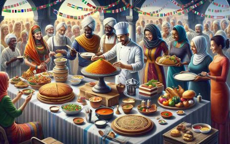 Create a high-definition image depicting a scene that celebrates cultural diversity via culinary arts. There's a large table in the center filled with an array of dishes, each representing a different global cuisine. A South Asian woman in a traditional dress is garnishing a spicy biriyani, while a Hispanic man, wearing a head chef's hat, is presenting a plate of fresh tacos. A Black woman wearing baker's apron is carefully placing an African-inspired cake among the array of dishes. In the background, a Middle-Eastern man holding a pot of hummus is approaching the table. The whole scene is filled with joy and festivity as if they are celebrating their culinary skills and diversity collectively.