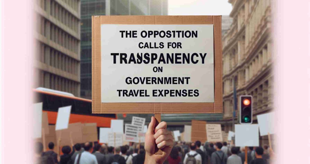 Realistic high-definition image of a placard held by an anonymous individual, with the text 'The Opposition Calls for Transparency on Government Travel Expenses'. Contextual details include a public gathering or protest in the background.