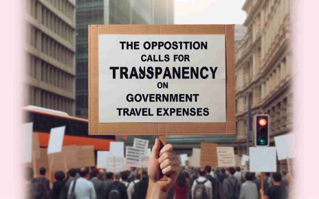 Realistic high-definition image of a placard held by an anonymous individual, with the text 'The Opposition Calls for Transparency on Government Travel Expenses'. Contextual details include a public gathering or protest in the background.