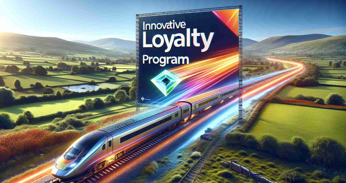 Render a high definition realistic image showcasing a promotional banner for a new innovative loyalty program introduced by a leading rail travel company. The banner features a speeding modern passenger train moving on rails blazing past mesmerizing countryside landscapes. The brightly colored logo of the loyalty program prominently occupies a corner of the banner, and the words 'Innovative Loyalty Program' are written in bold, italic, large-sized font across the banner. The background displays a blue sky, lush green fields, and distant mountains, symbolizing journey, rewards, and adventure.