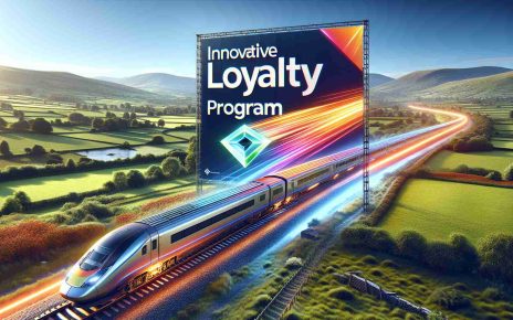 Render a high definition realistic image showcasing a promotional banner for a new innovative loyalty program introduced by a leading rail travel company. The banner features a speeding modern passenger train moving on rails blazing past mesmerizing countryside landscapes. The brightly colored logo of the loyalty program prominently occupies a corner of the banner, and the words 'Innovative Loyalty Program' are written in bold, italic, large-sized font across the banner. The background displays a blue sky, lush green fields, and distant mountains, symbolizing journey, rewards, and adventure.