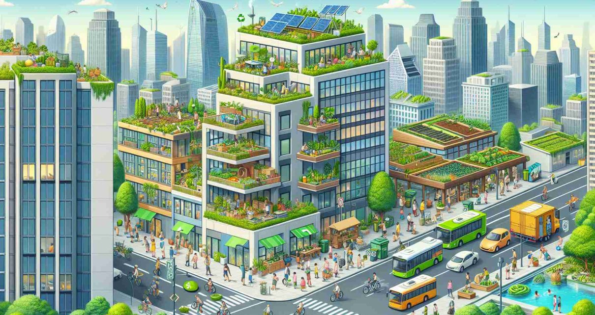 High definition image featuring a scene that depicts sustainable living practices in urban centers. It should include people of various descents participating in activities such as urban gardening, composting, using public transportation, and recycling. Show high-rise buildings with rooftop gardens, solar panels on buildings, rainwater collection systems, and bike lanes on streets. The overall tone should be bustling, vibrant, and green, to capture the essence of sustainable living in densely populated cities.