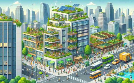 High definition image featuring a scene that depicts sustainable living practices in urban centers. It should include people of various descents participating in activities such as urban gardening, composting, using public transportation, and recycling. Show high-rise buildings with rooftop gardens, solar panels on buildings, rainwater collection systems, and bike lanes on streets. The overall tone should be bustling, vibrant, and green, to capture the essence of sustainable living in densely populated cities.