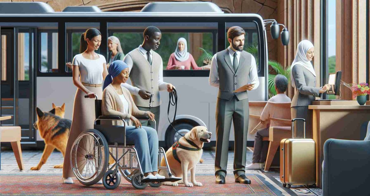 Generate a realistic high definition image illustrating the concept of enhancing accessibility through inclusive tourism programs. The scene should feature a diverse group of people, such as an African woman using a wheelchair being assisted onto a specially-equipped sightseeing bus by a Middle Eastern tour guide, a South Asian man with a guide dog checking in at a hotel reception where a Hispanic woman is working, and a white man with a walking cane enjoying an audio tour in a museum.