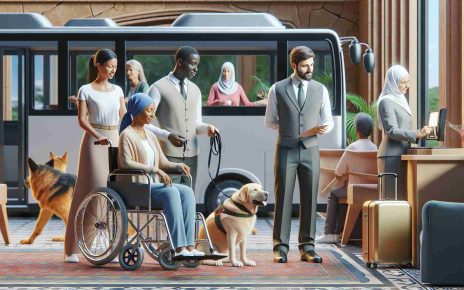 Generate a realistic high definition image illustrating the concept of enhancing accessibility through inclusive tourism programs. The scene should feature a diverse group of people, such as an African woman using a wheelchair being assisted onto a specially-equipped sightseeing bus by a Middle Eastern tour guide, a South Asian man with a guide dog checking in at a hotel reception where a Hispanic woman is working, and a white man with a walking cane enjoying an audio tour in a museum.