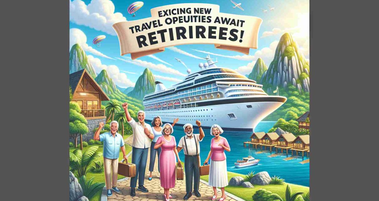 Create a High Definition photo realistic illustration of an exciting travel scene designed for retirees. The scene could display a cruise ship voyage past serene and sunny tropical islands, or an appealing tranquil mountain resort with charming lodges. Include seniors having a great time, capturing their excitement and joy. People should include different descents such as Hispanic, Caucasian, Black, and South Asian, presenting an equal and diverse representation. A big vibrant banner in the sky should read 'Exciting New Travel Opportunities Await Retirees!'