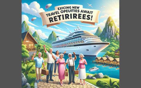 Create a High Definition photo realistic illustration of an exciting travel scene designed for retirees. The scene could display a cruise ship voyage past serene and sunny tropical islands, or an appealing tranquil mountain resort with charming lodges. Include seniors having a great time, capturing their excitement and joy. People should include different descents such as Hispanic, Caucasian, Black, and South Asian, presenting an equal and diverse representation. A big vibrant banner in the sky should read 'Exciting New Travel Opportunities Await Retirees!'