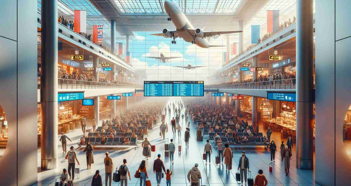 A high-definition image showcasing the revival of the European travel sector post-pandemic. Envision crowded airports filled with people of diverse descent - Hispanic, Middle-Eastern, Black, White, South Asian - all sporting masks and maintaining social distancing. There are multiple reopened stores and buzzling cafes across the terminal. The departure screens are dotted with numerous flights indicating active travel. Get a glimpse of the exterior with planes taking off and people waving goodbye. The overall ambiance indicates joy, eagerness, and a sense of returning normality.