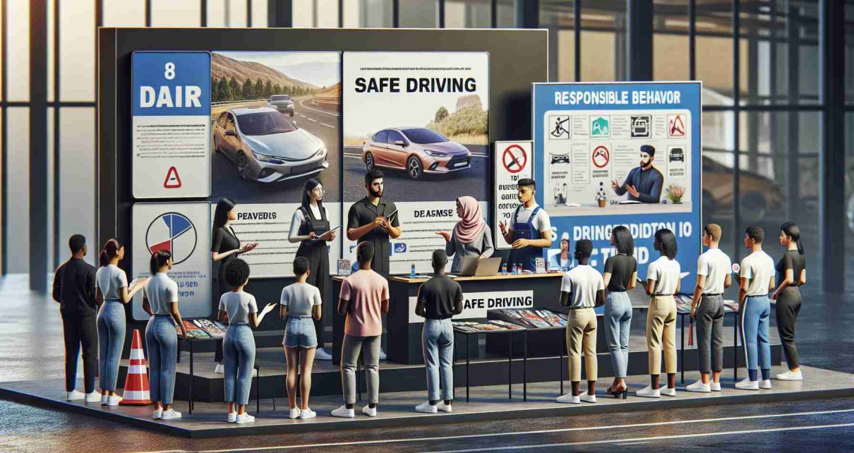 Realistic high-definition image of a safe driving campaign taking place. The scene encourages responsible behavior on the roads with a variety of strategies. It includes a diverse group of individuals: a Black female standing behind a booth, distributing safe driving leaflets; a Middle-Eastern male presenting a talk on safe driving techniques with a projection on a screen visible; and a South-Asian female driving instructor, conducting practical classes by demonstrating correct procedures and rules of the road on an information board.