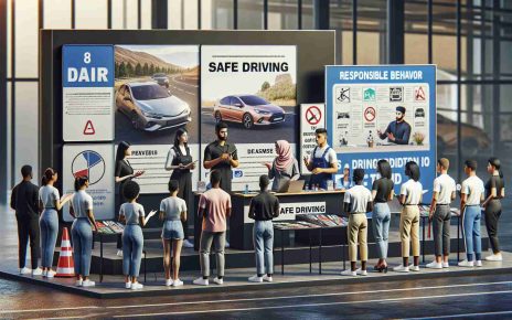 Realistic high-definition image of a safe driving campaign taking place. The scene encourages responsible behavior on the roads with a variety of strategies. It includes a diverse group of individuals: a Black female standing behind a booth, distributing safe driving leaflets; a Middle-Eastern male presenting a talk on safe driving techniques with a projection on a screen visible; and a South-Asian female driving instructor, conducting practical classes by demonstrating correct procedures and rules of the road on an information board.