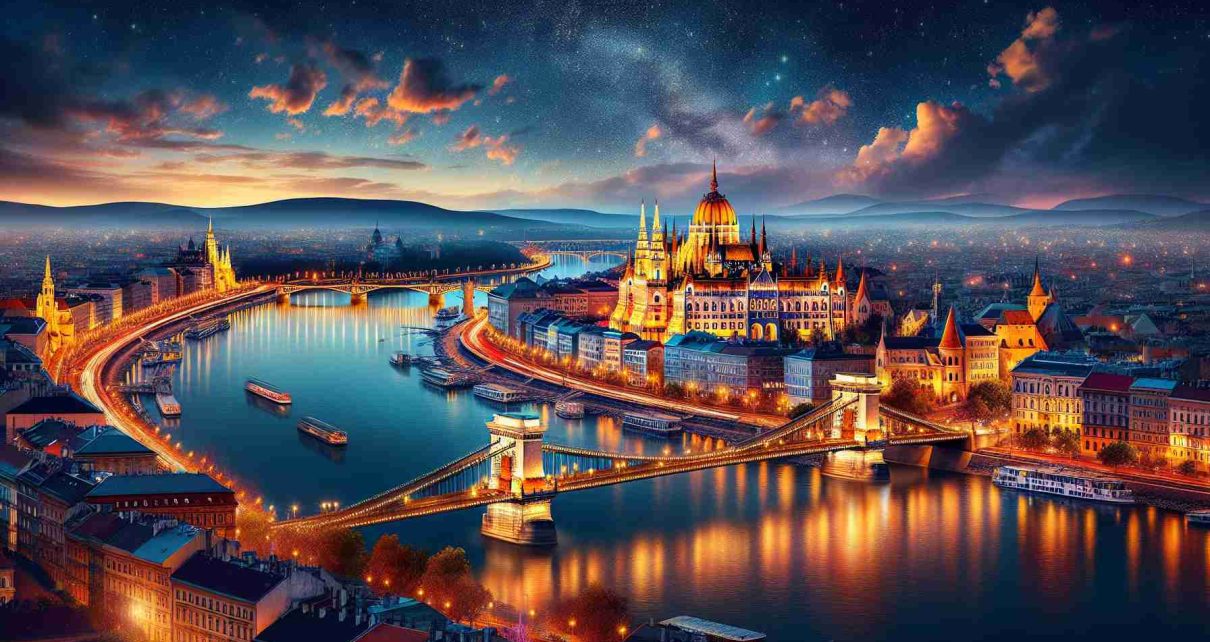 Create a high-definition, realistic portrayal of the charming cityscape of Budapest, reflecting the scenic beauty of this magnificent city. The image should capture its stunning architectural treasures nestled on either side of the Danube River, the picturesque Buda Castle illuminated against the night sky, the famous Chain Bridge twinkling under a cascade of evening lights, and a maze of cobblestone streets lined with vibrant cafes in the heart of the city. Make sure to incorporate elements that depict the city as a popular yet budget-friendly tourist destination offering unbeatable deals, evoking a sense of wonder and adventure.