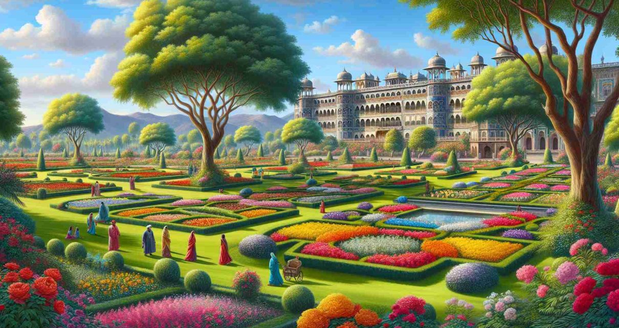 A vibrant and detailed image of a palace garden exploration. The lush lawns are meticulously manicured, verdant and fresh as they spread around the extensive palace grounds. Flower beds are in full bloom in a riot of colors - reds, yellows, purples, and pinks. Elegant trees provide welcome shade, their branches swaying gently in the breeze. The palace in the background is a masterpiece of architectural elegance, with intricate details visible even from afar. People of diverse descents and genders are seen marveling at its beauty, making the exploration more lively and inclusive. The overall image should be in high definition and realistic.