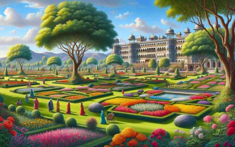 A vibrant and detailed image of a palace garden exploration. The lush lawns are meticulously manicured, verdant and fresh as they spread around the extensive palace grounds. Flower beds are in full bloom in a riot of colors - reds, yellows, purples, and pinks. Elegant trees provide welcome shade, their branches swaying gently in the breeze. The palace in the background is a masterpiece of architectural elegance, with intricate details visible even from afar. People of diverse descents and genders are seen marveling at its beauty, making the exploration more lively and inclusive. The overall image should be in high definition and realistic.