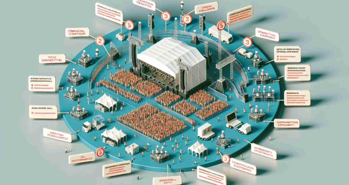 Generate a realistic and high definition diagram which represents the various challenges faced in the music festival industry. This should include financial elements, like high production costs and ticket sales, operational challenges, such as staging and technical setup, finding the right acts to perform and attract audiences, and increasing environmental concerns. Also, highlight the challenges of crowd control, security, and the need for emergency medical arrangements.